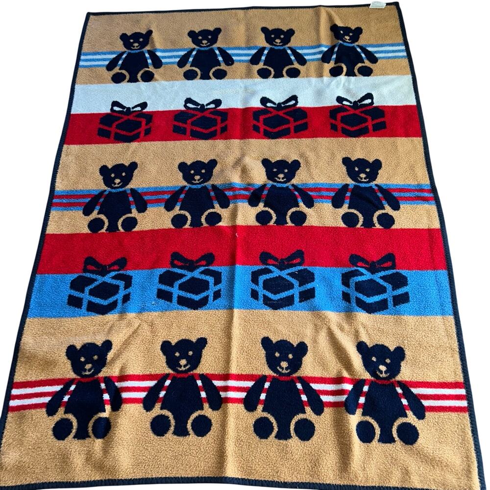 Vintage Vuteks Crown Crafts Teddy Bear Reversible Blanket Yugoslavia 60” X 80”